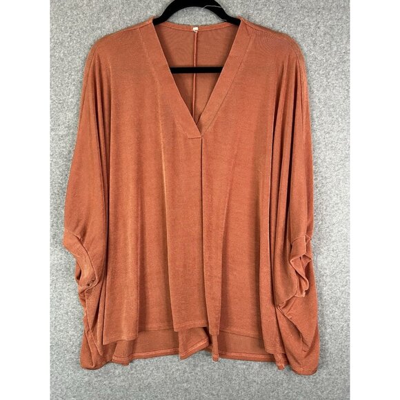 Unbranded Tops - Womens V-neck  Orange Slinky Knit Tunic Oversized, Hi-Low Hem, Dolman Sleeves